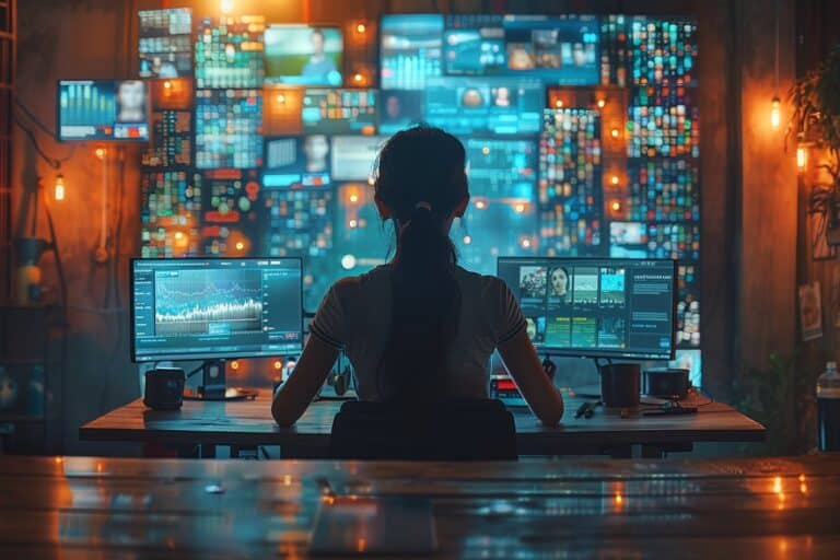 Femme de dos devant un mûr d'écrans d'ordinateur